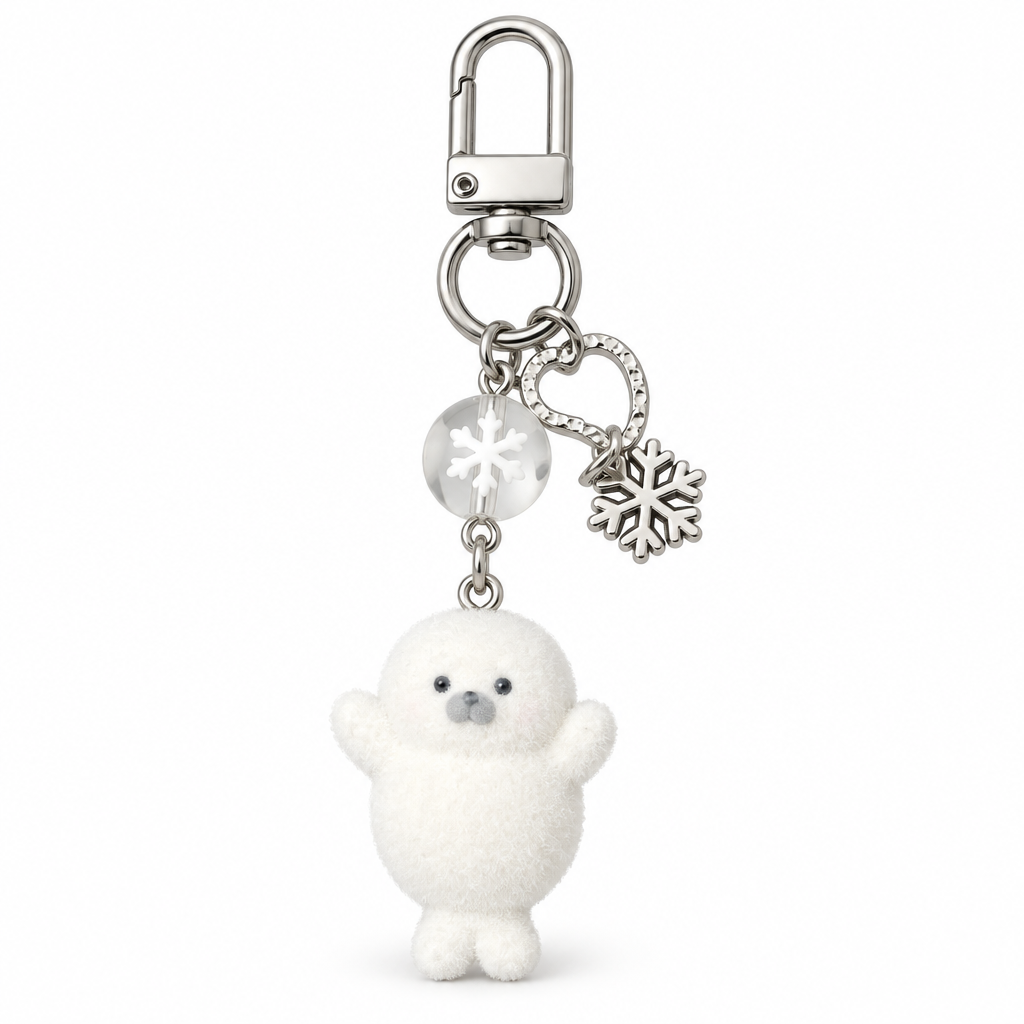 White seal pup bag charm with a silver swivel clasp on a white background