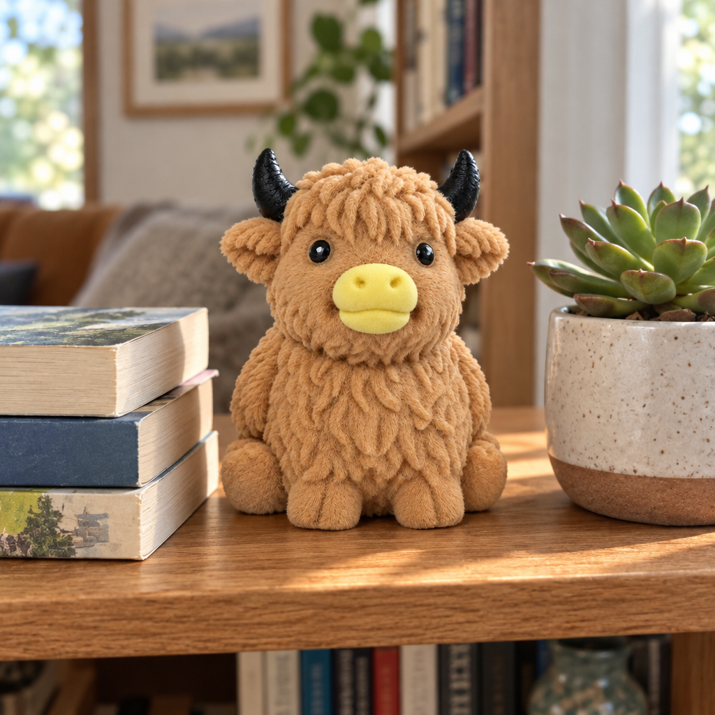 Tan highland cow squishy sitting on a bookshelf between books and a plant