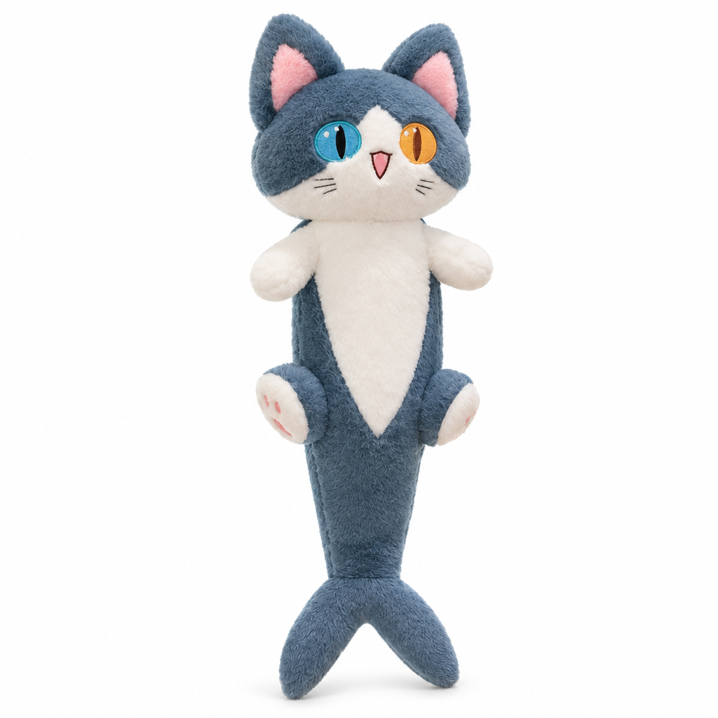 Slate blue shark cat plush with one blue and one amber eye on a white background