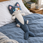 Slate blue shark cat plush lying on a made bed
