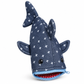 Navy starry shark pencil case with a zipper mouth on a white background