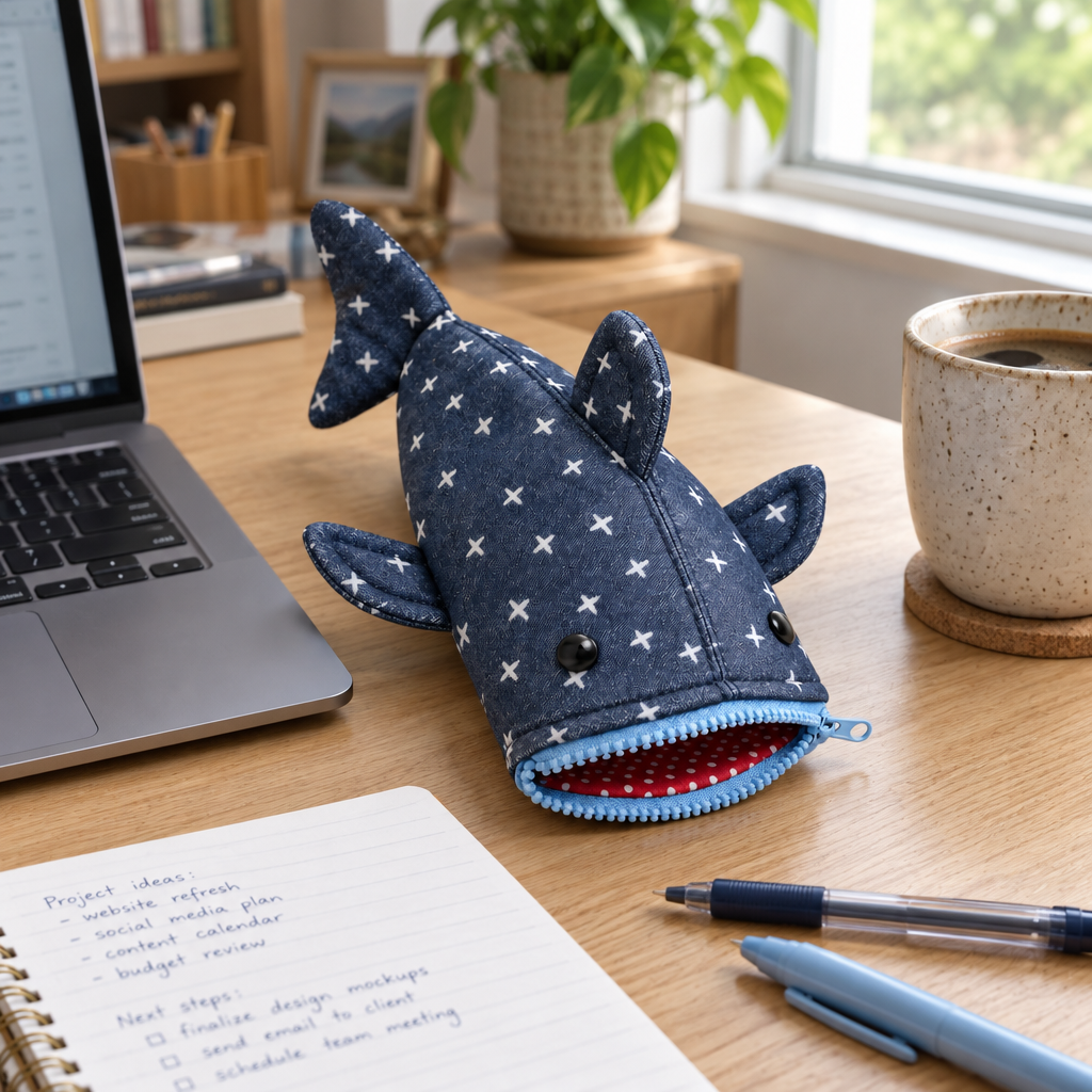 Navy shark pencil case on a desk next to a laptop and a notebook