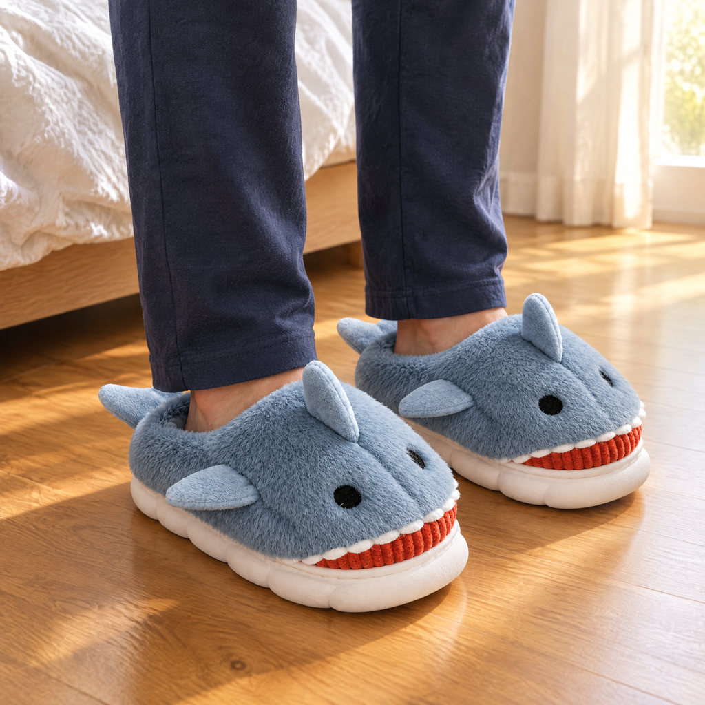 Dusty Blue Shark Plush Slippers worn on a wooden bedroom floor beside the bed