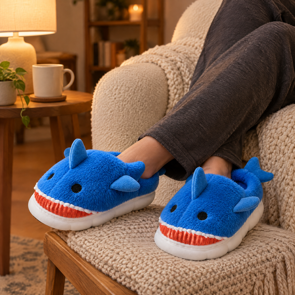 Royal Blue Shark Plush Slippers worn with feet up on a cozy armchair in lamp light