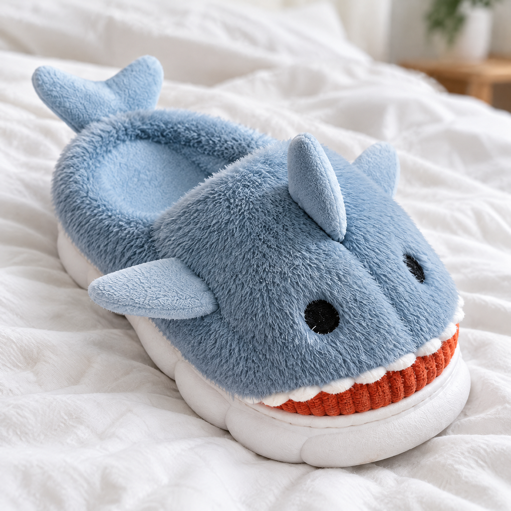 Close-up of a dusty blue shark plush slipper's fluffy face and toothy grin on white bedding