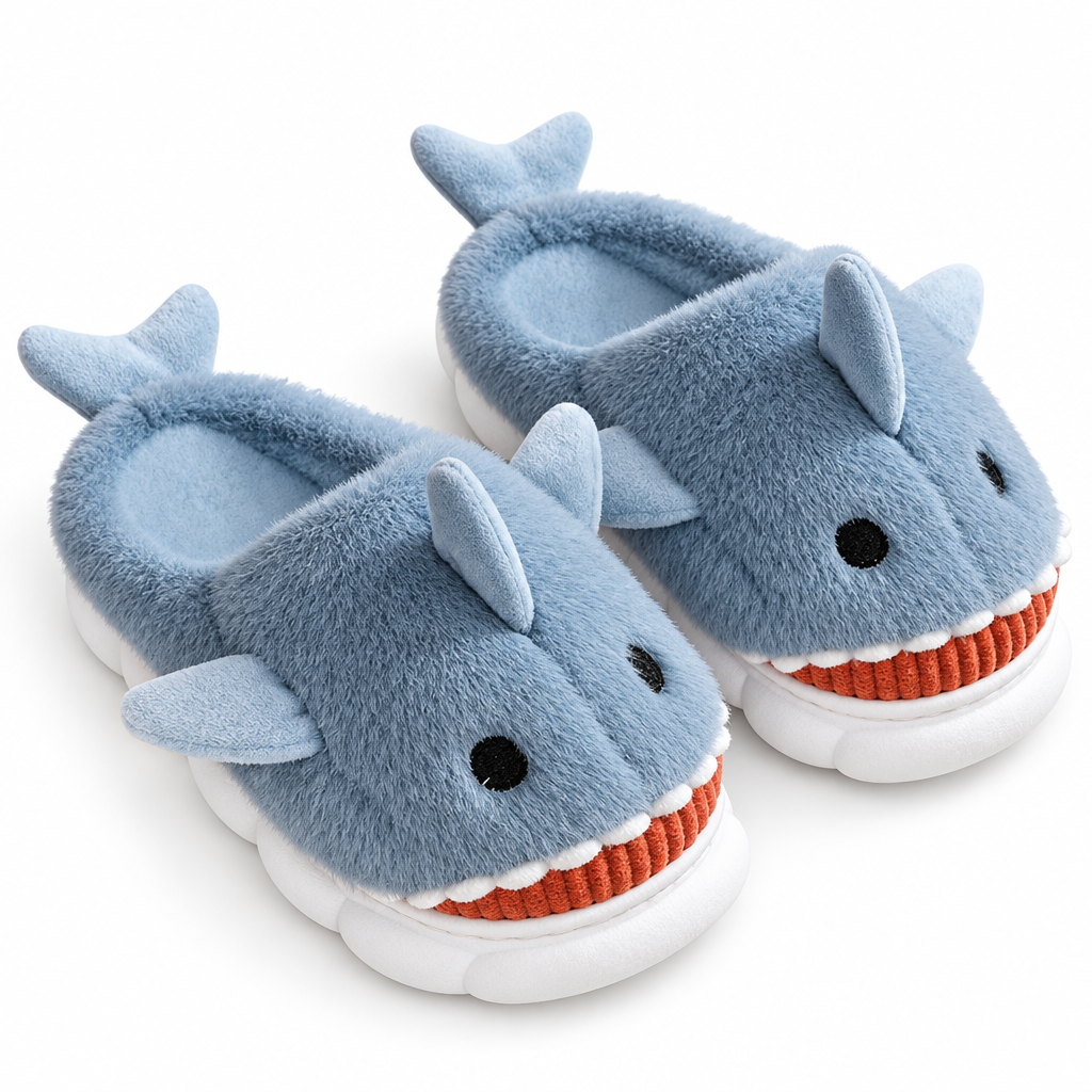 Dusty blue plush shark slippers on a white background