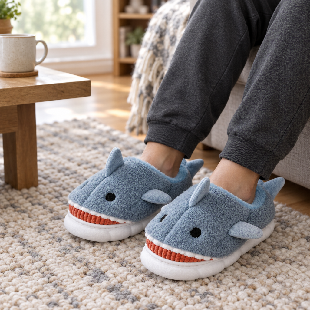 Adult feet in dusty blue shark slippers on a living room rug