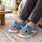 Adult feet in dusty blue shark slippers on a living room rug