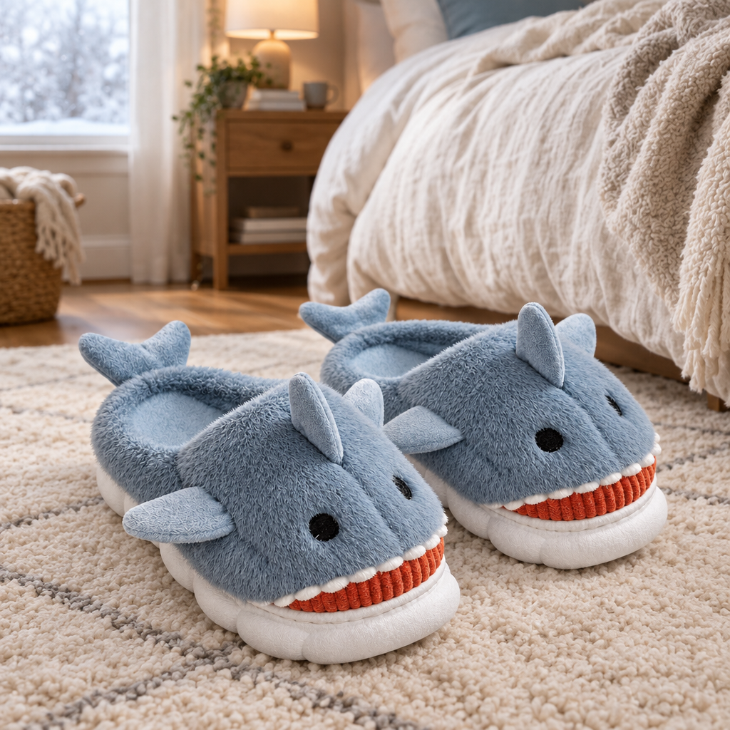 Pair of dusty blue shark slippers on a bedroom rug by the bed
