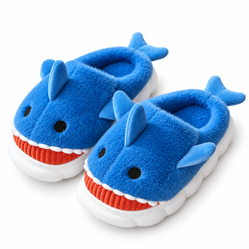 Royal blue plush shark slippers on a white background