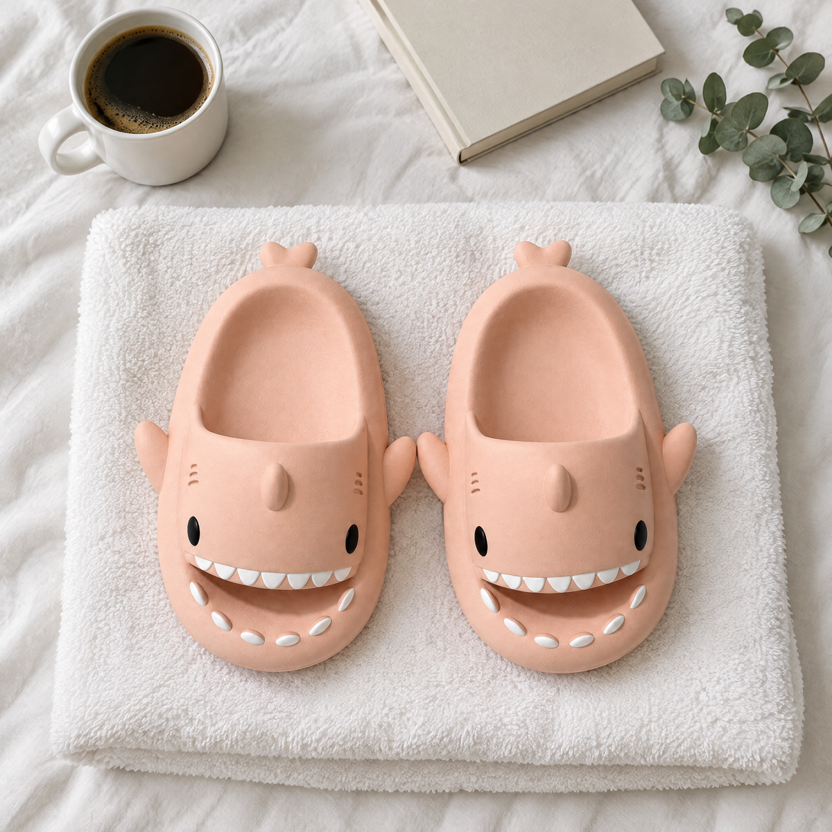 Pink Shark Slide Sandals flat lay on a white towel with coffee, a book and greenery