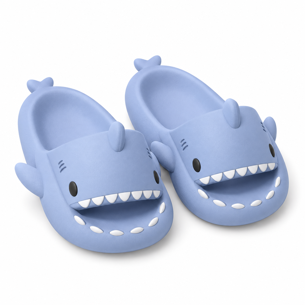 Periwinkle blue shark slide sandals on a white background