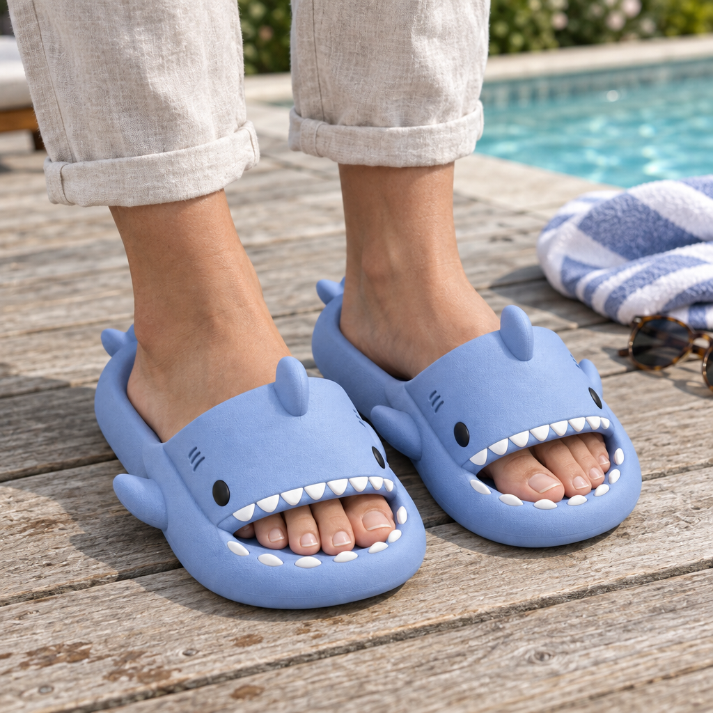 Adult feet wearing blue shark slide sandals on a wooden pool deck