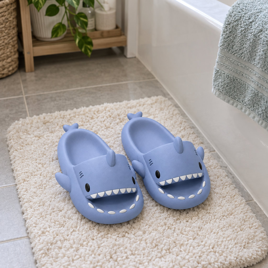 Pair of blue shark slide sandals on a bath mat in a bathroom