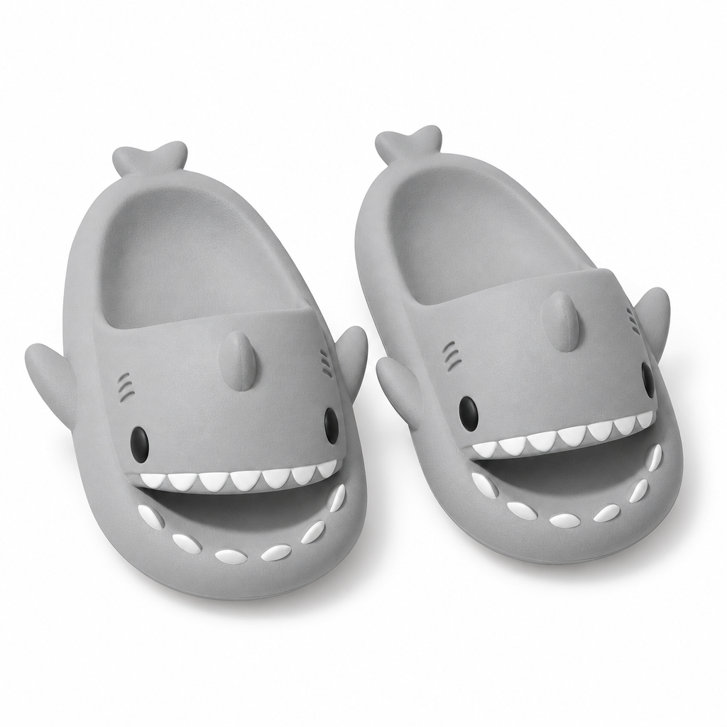 Gray shark slide sandals on a white background
