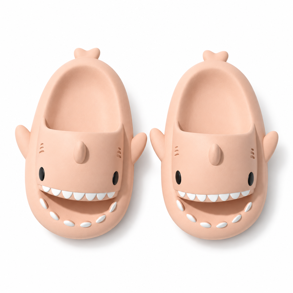 Peach pink shark slide sandals on a white background