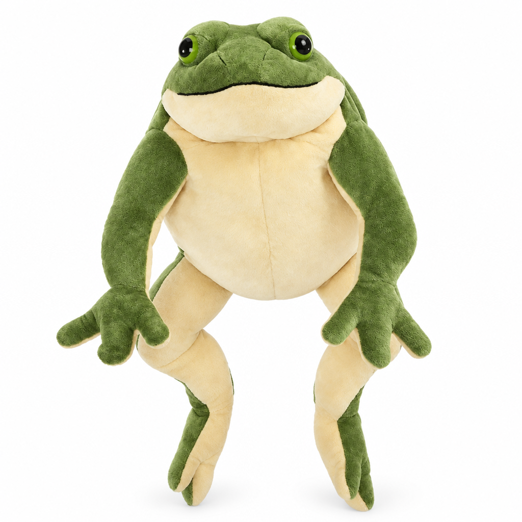 Green long-legged frog plush sitting upright on a white background