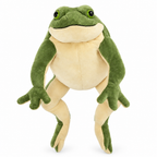 Green long-legged frog plush sitting upright on a white background