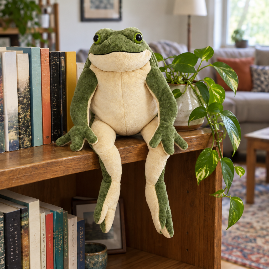 Green frog plush sitting on a bookshelf edge with its long legs dangling
