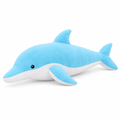 Sky blue dolphin plush with a white belly on a white background