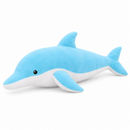 Sky blue dolphin plush with a white belly on a white background