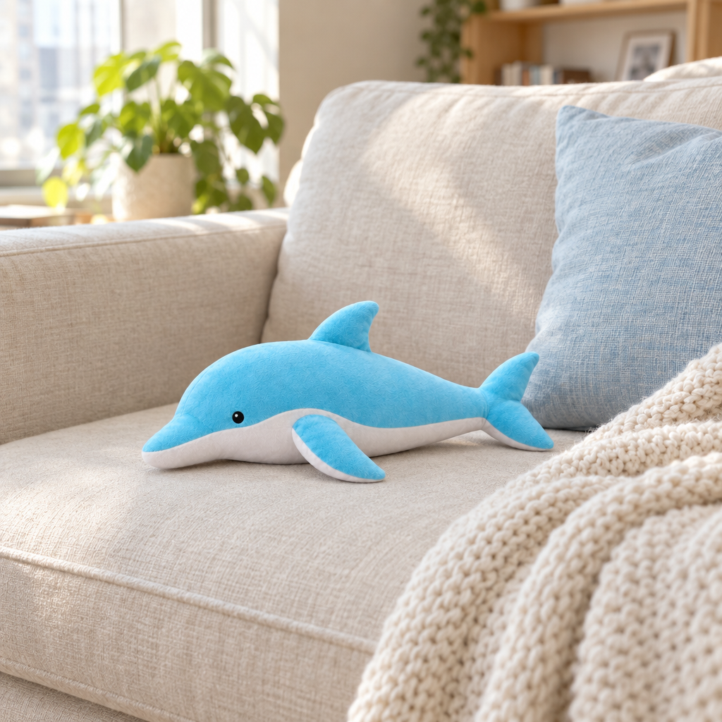 Sky blue dolphin plush lying on a cream sofa next to a knit throw