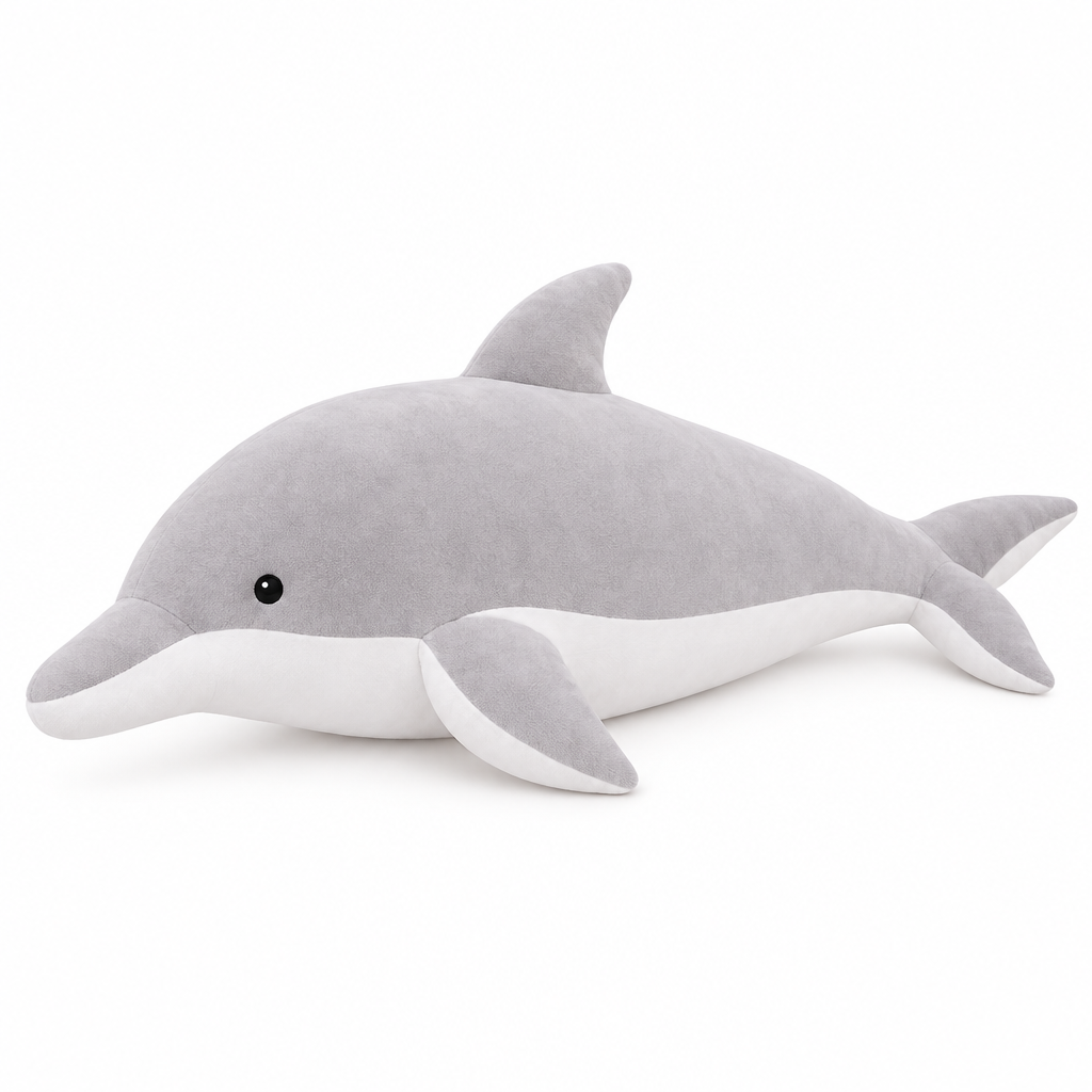 Silver gray dolphin plush with a white belly on a white background