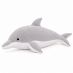 Silver gray dolphin plush with a white belly on a white background