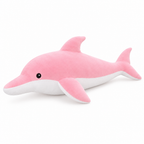Pink dolphin plush with a white belly on a white background