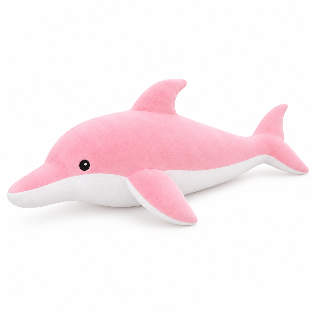Pink dolphin plush with a white belly on a white background