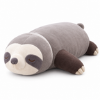Taupe gray sleeping sloth plush pillow lying flat on a white background