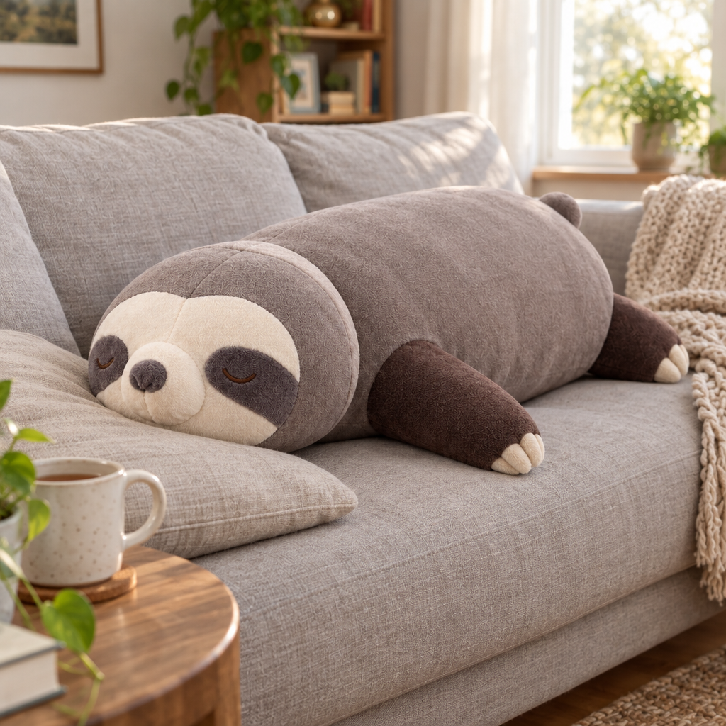 Taupe gray sleeping sloth plush pillow stretched out on a linen sofa