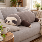 Taupe gray sleeping sloth plush pillow stretched out on a linen sofa