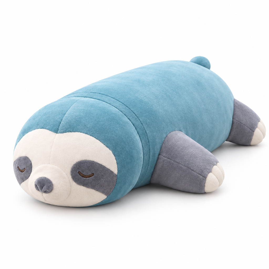 Teal blue sleeping sloth plush pillow lying flat on a white background