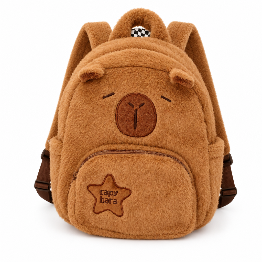 Caramel-brown plush capybara backpack with sleepy eyes on a white background