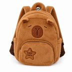 Caramel-brown plush capybara backpack with sleepy eyes on a white background