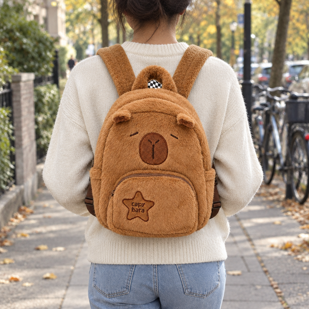 Adult wearing the sleepy capybara plush backpack on a city sidewalk, seen from behind