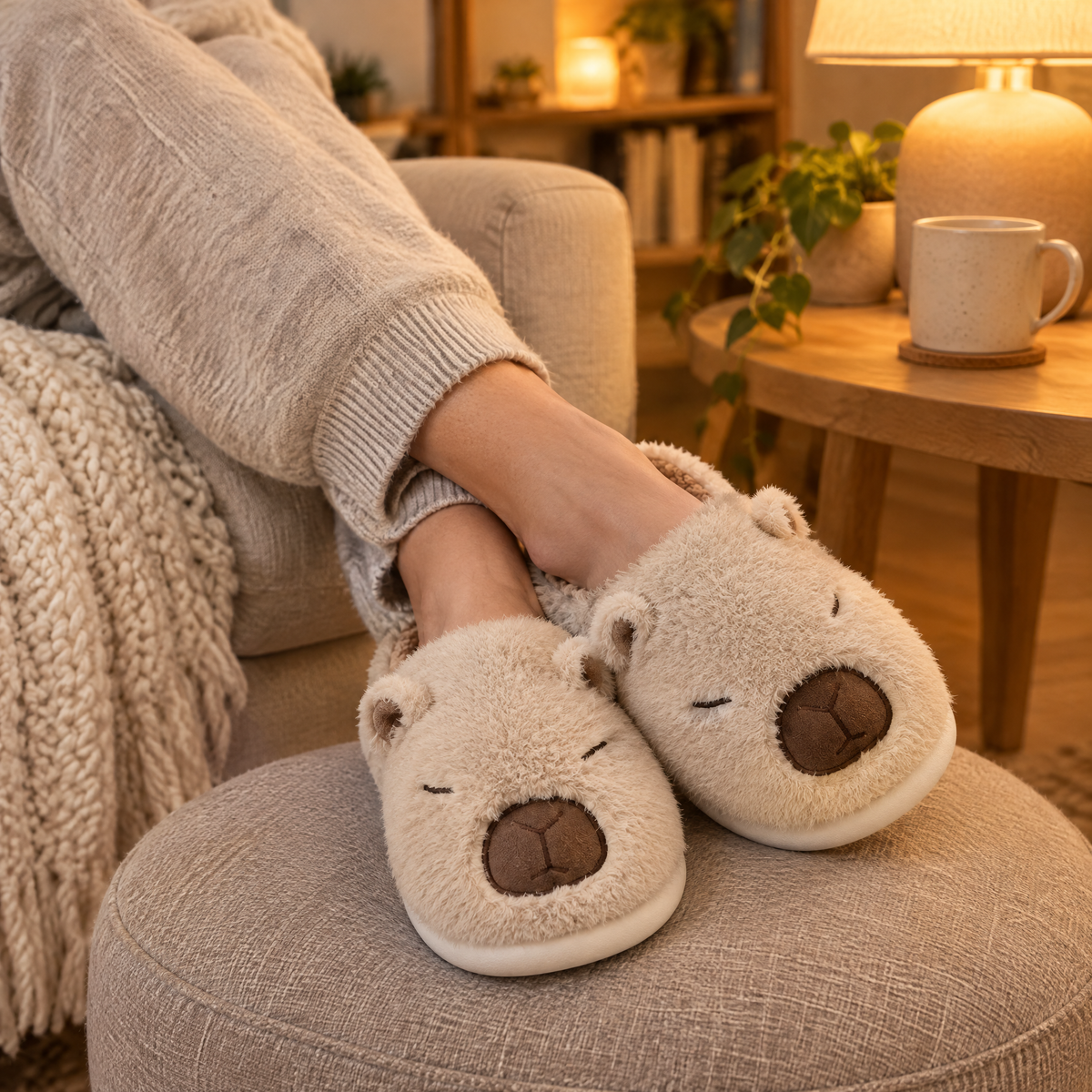 Beige Sleepy Capybara Slippers worn with ankles crossed on a footstool in lamp light