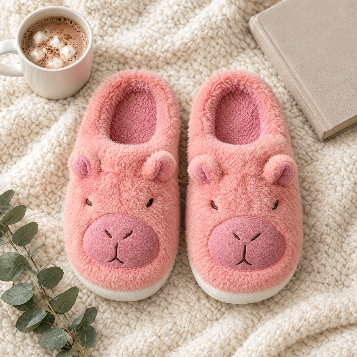 Pink Sleepy Capybara Slippers flat lay on a knit blanket with cocoa, a book and greenery