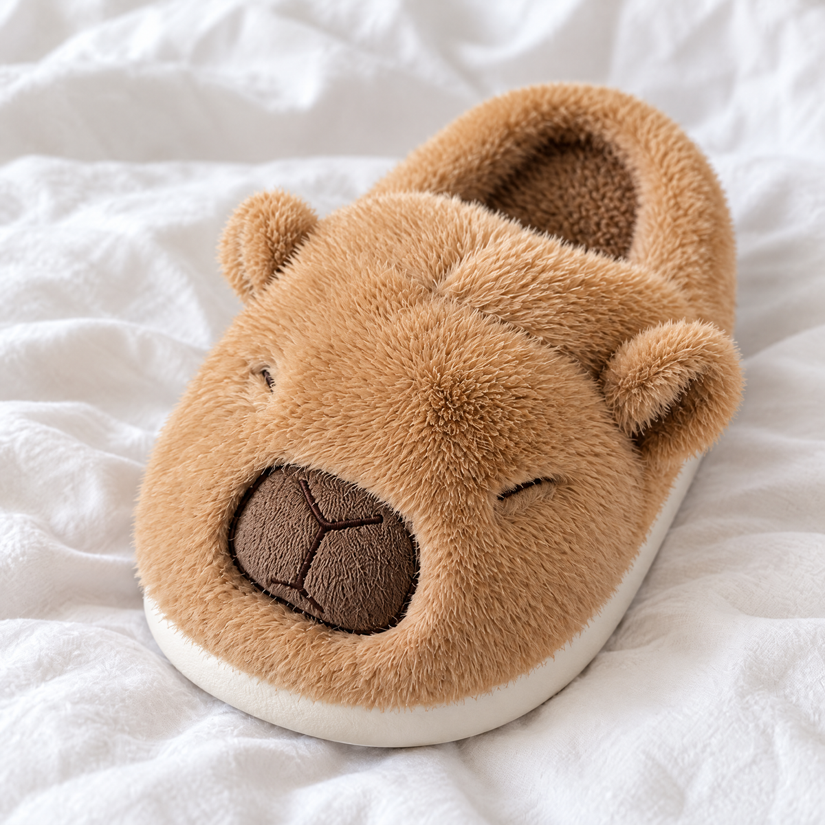 Close-up of a brown sleepy capybara slipper's fluffy face and stitched snout on white bedding