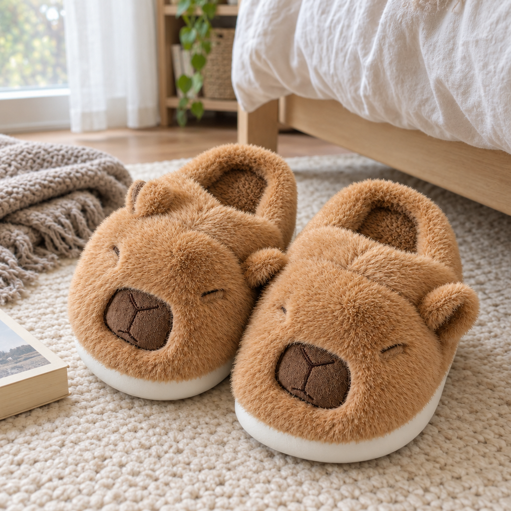 Pair of brown capybara plush slippers on a cream rug beside a bed