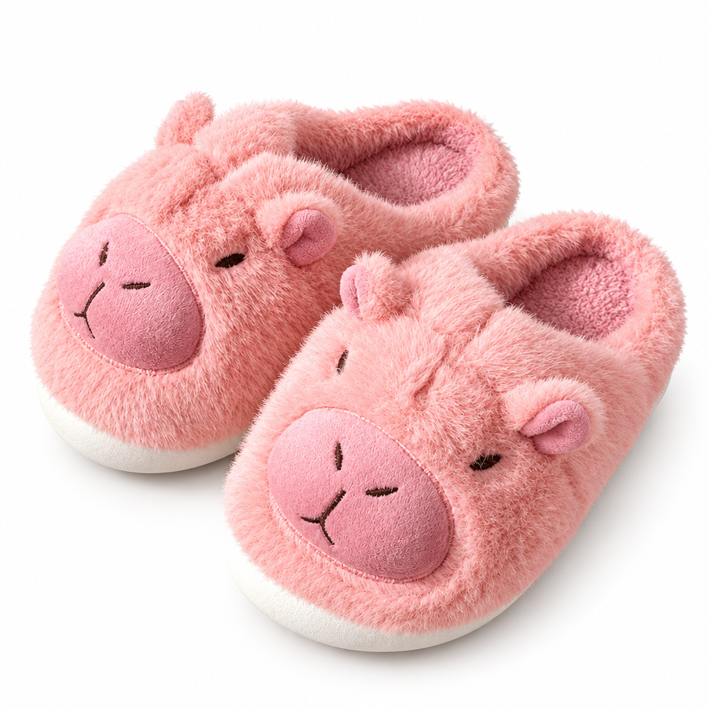 Pink capybara plush slippers on a white background