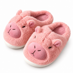 Pink capybara plush slippers on a white background