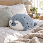 Round blue-gray seal plush pillow resting on a made bed