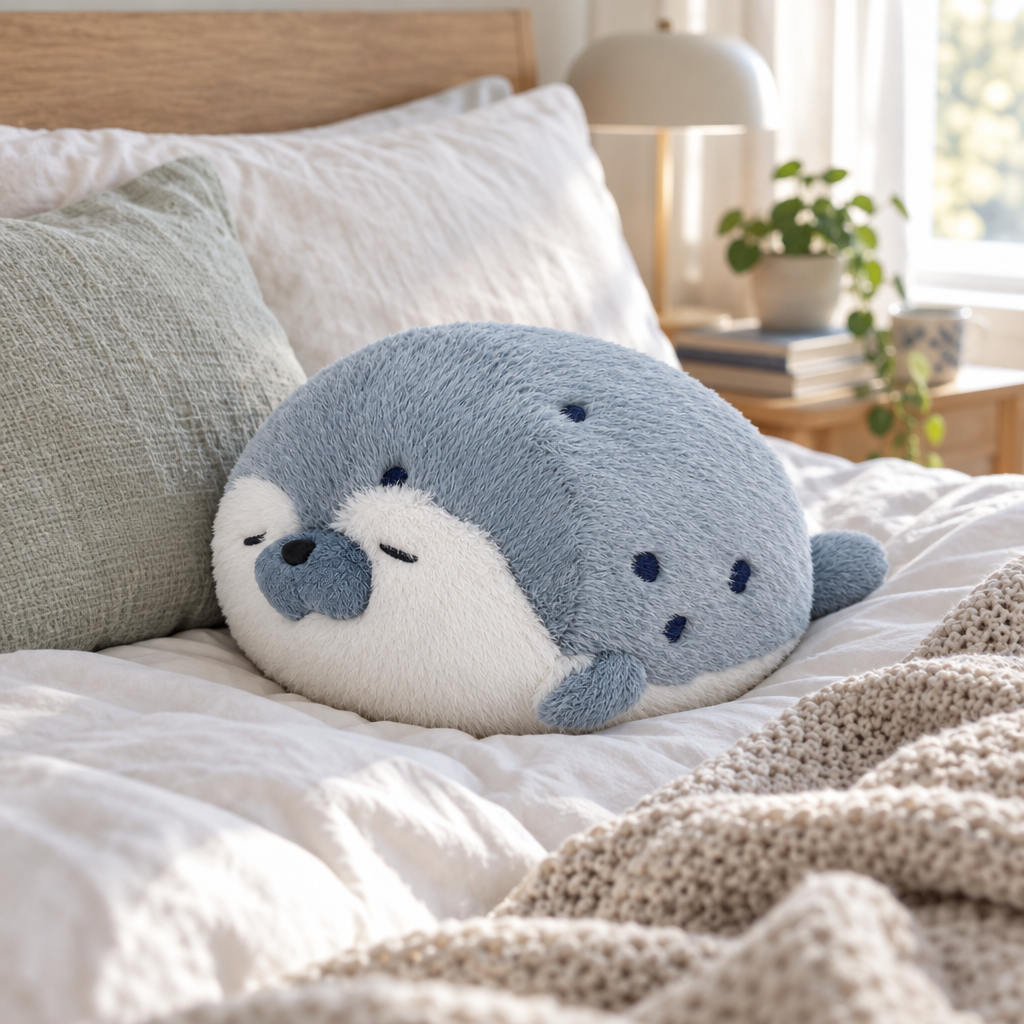Round blue-gray seal plush pillow resting on a made bed