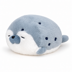 Round blue-gray seal plush pillow with sleepy eyes on a white background