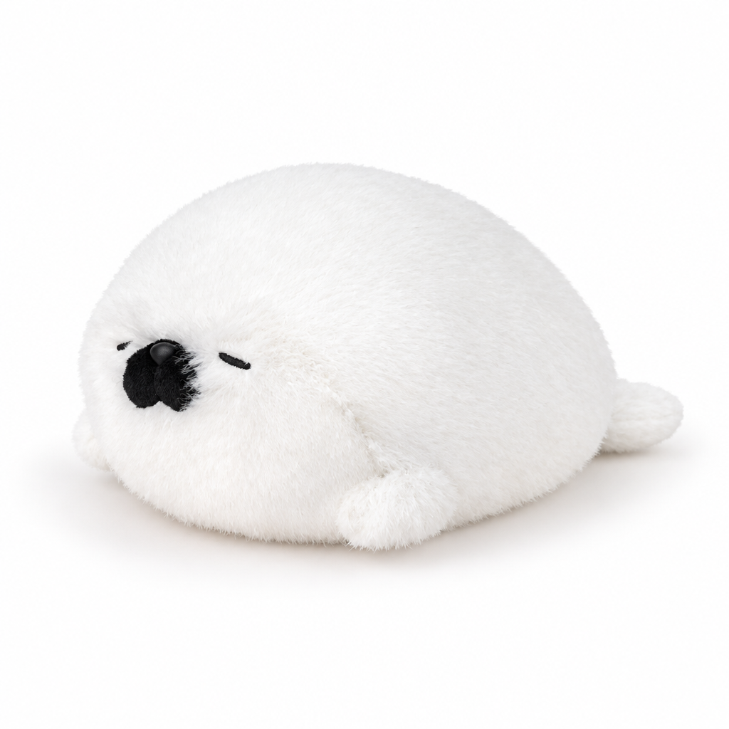 Round white seal plush pillow with sleepy eyes on a white background