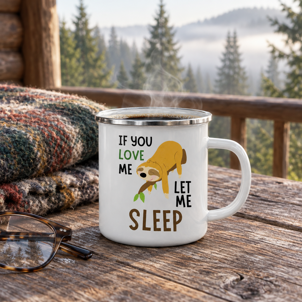 Sloth enamel mug with steaming coffee on a wooden cabin porch table