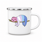 White enamel mug printed with a pastel striped sloth napping on a branch, on a white background