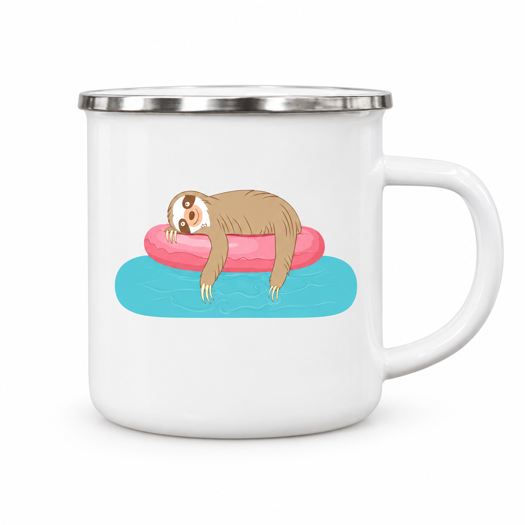 White enamel mug printed with a sloth lounging on a pink pool float, on a white background